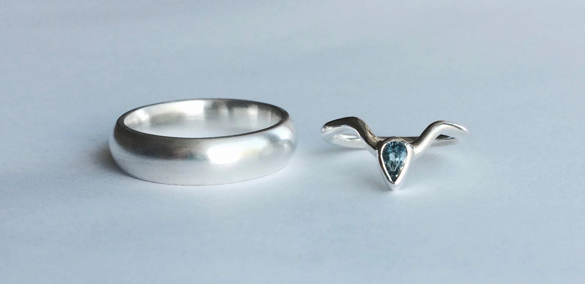 Jenny and Matt’s Edgy Recycled White Gold and Silver Wedding Bands with an Ethically sourced Aquamarine