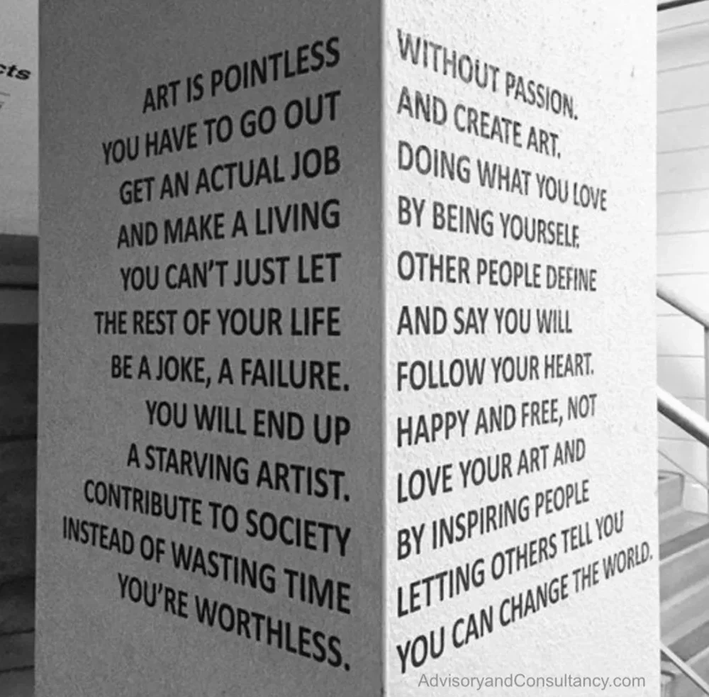 Pillar printed with a two-way poem: art is pointless, or, read upwards, you can change the world