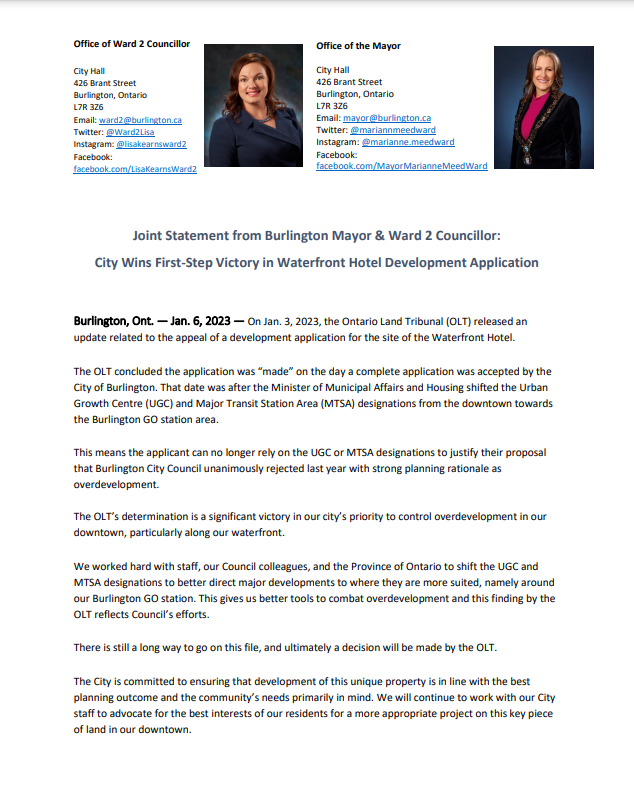 Burlington Mayor &amp; Ward 2 Councillor Joint Statement on City Wins First-Step Victory in Waterfront Hotel Development Application