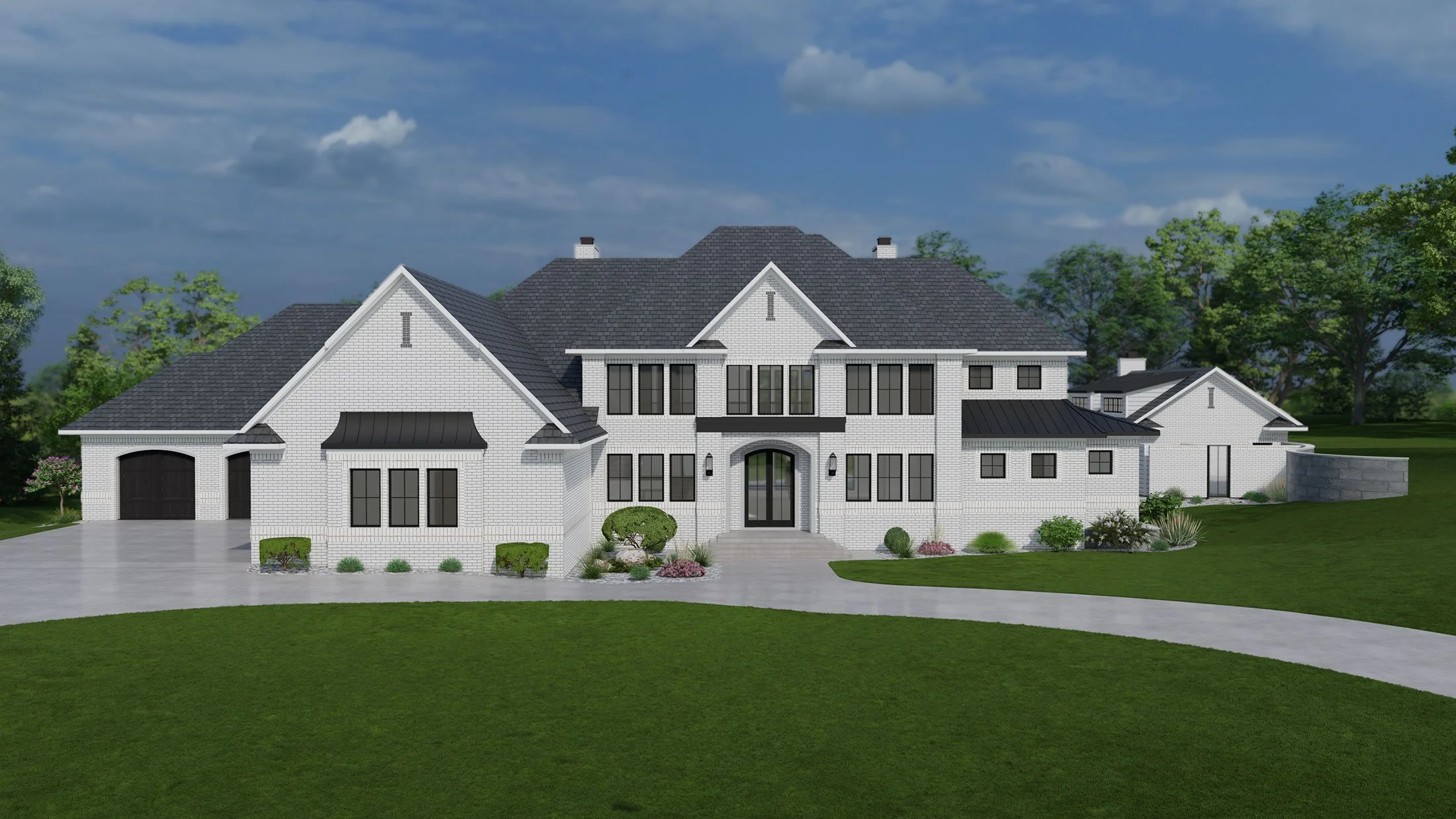 Front rendering of a french country style home design in Michigan.
