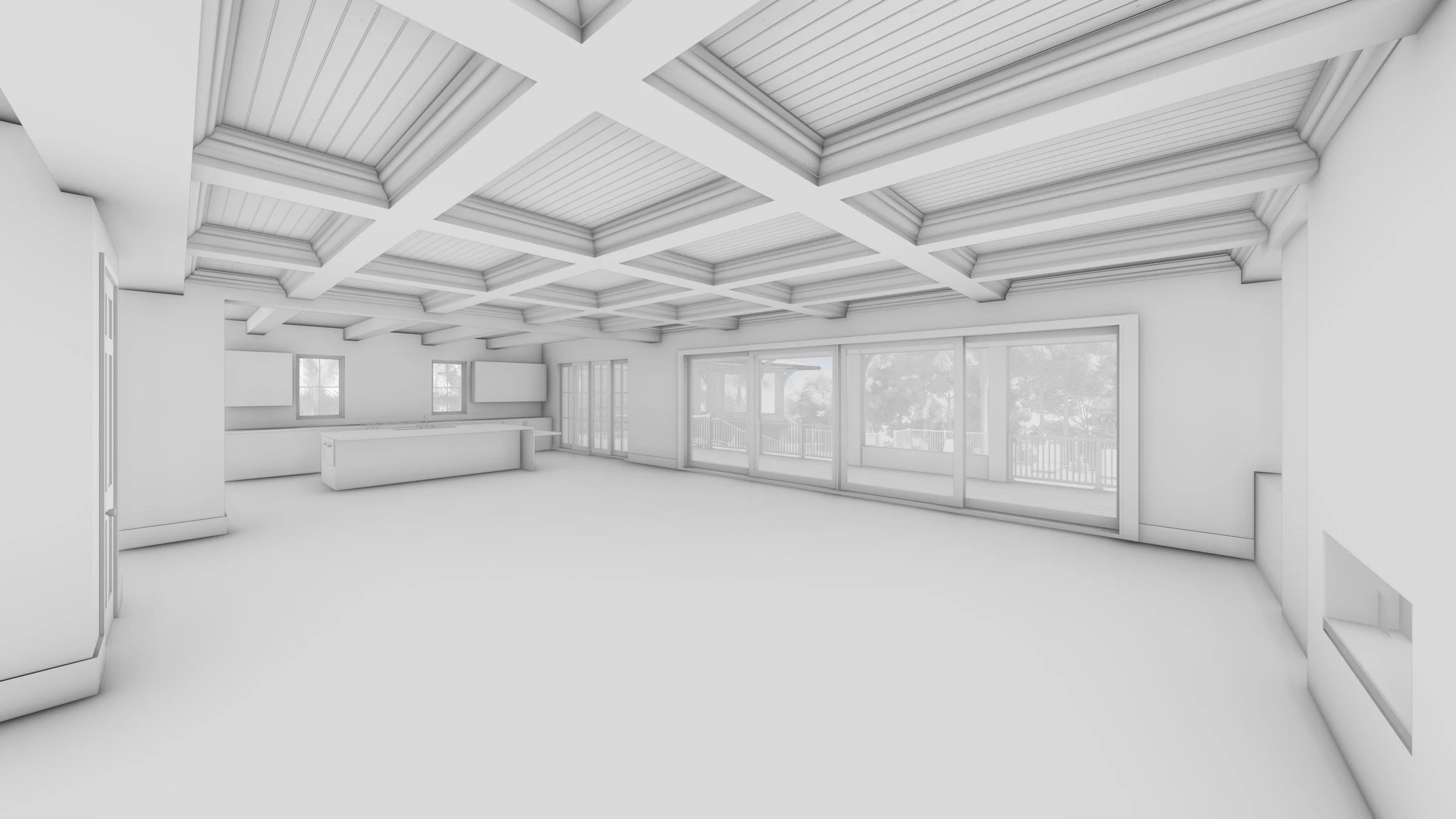 A white box renderings of an open concept living, dining and kitchen area.