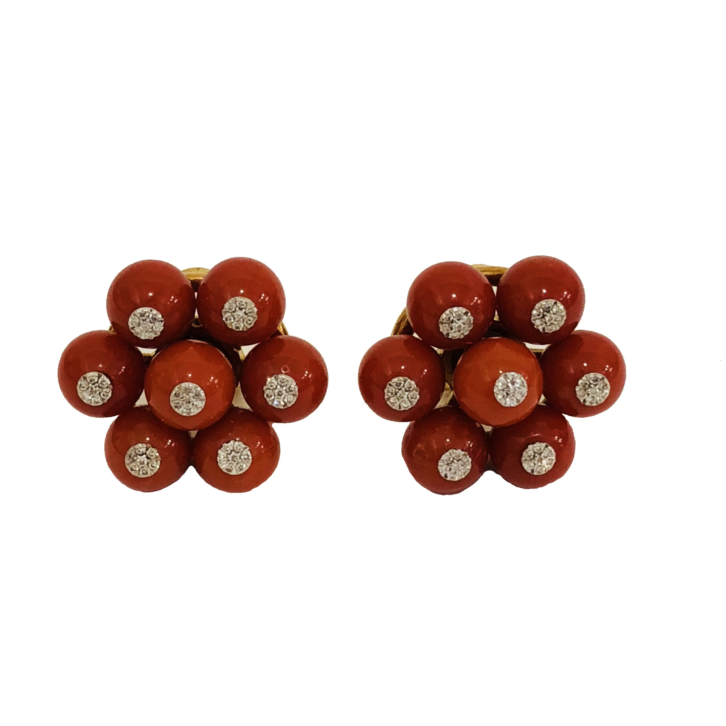 Red Coral and Diamond Spinner Ear Clips