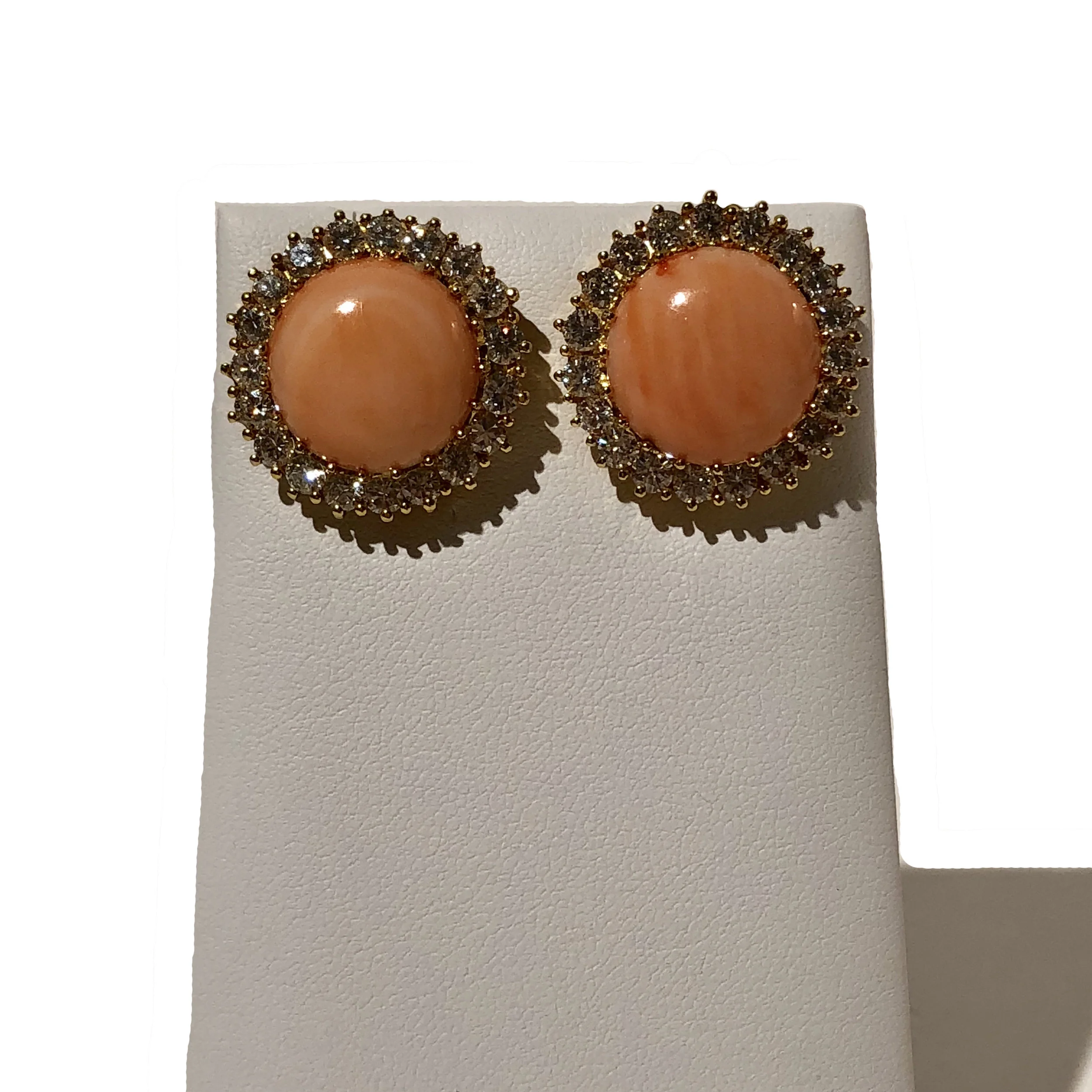 Angel Skin Coral and Diamond Ear Clips in Yellow Gold