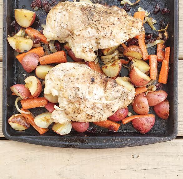 Roasted Chicken, Cranberries and Fall Vegetables on pan
