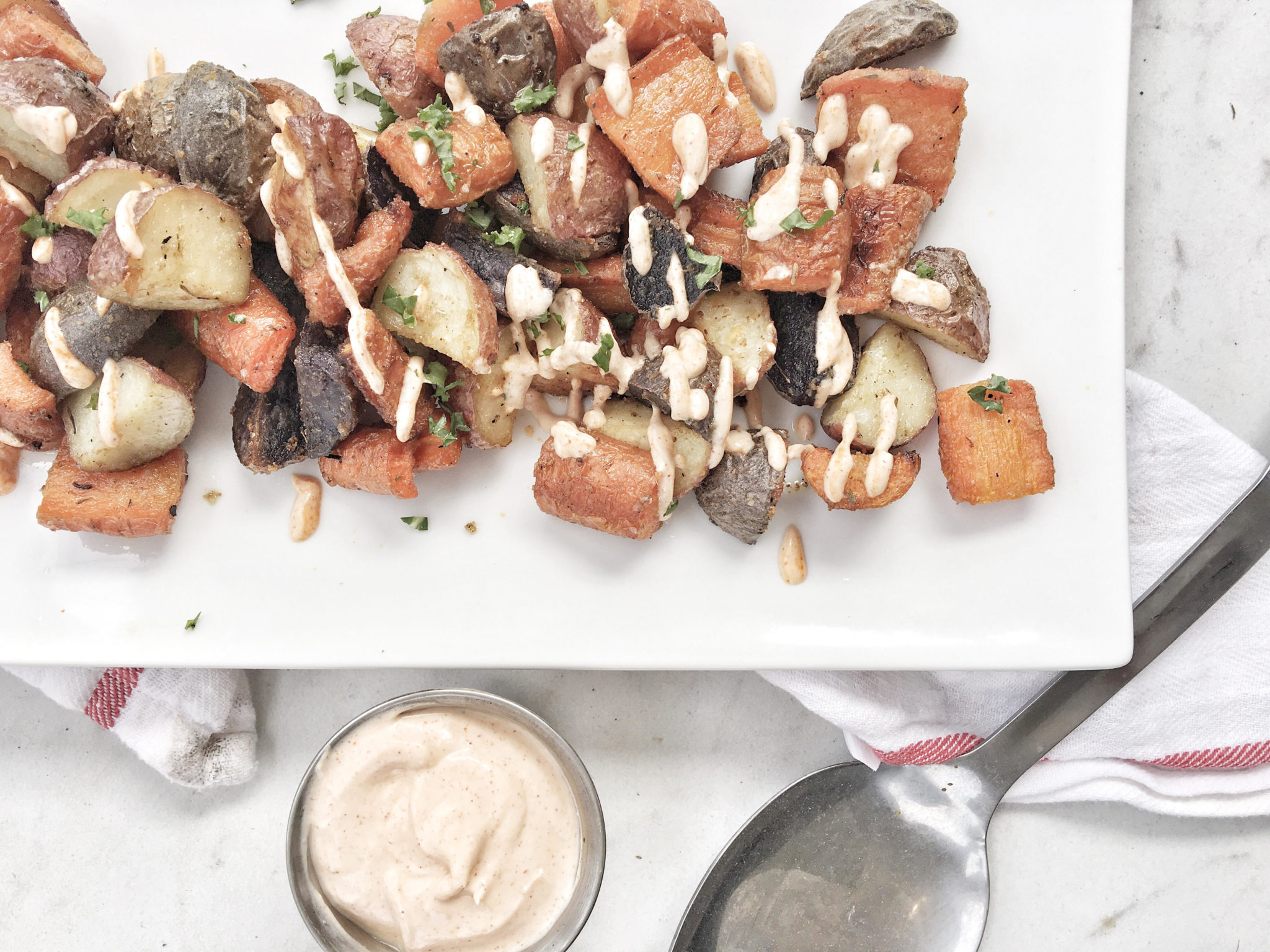 roasted root vegetables with smoky dipping sauce