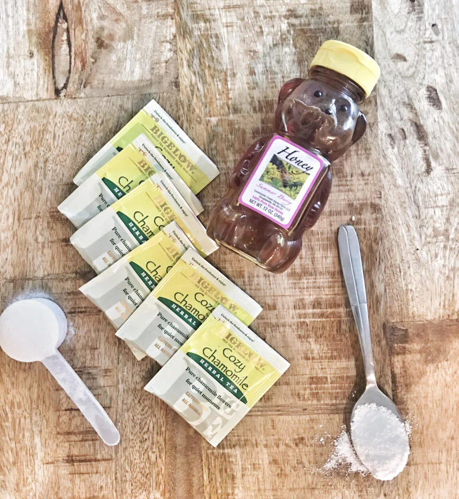 cozy chamomile tea bags with honey and collagen scoop