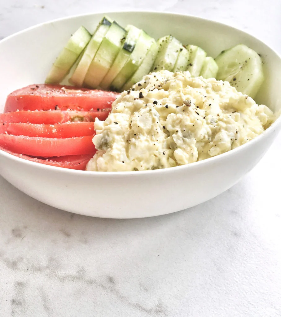 egg salad, tomato, cucumbers