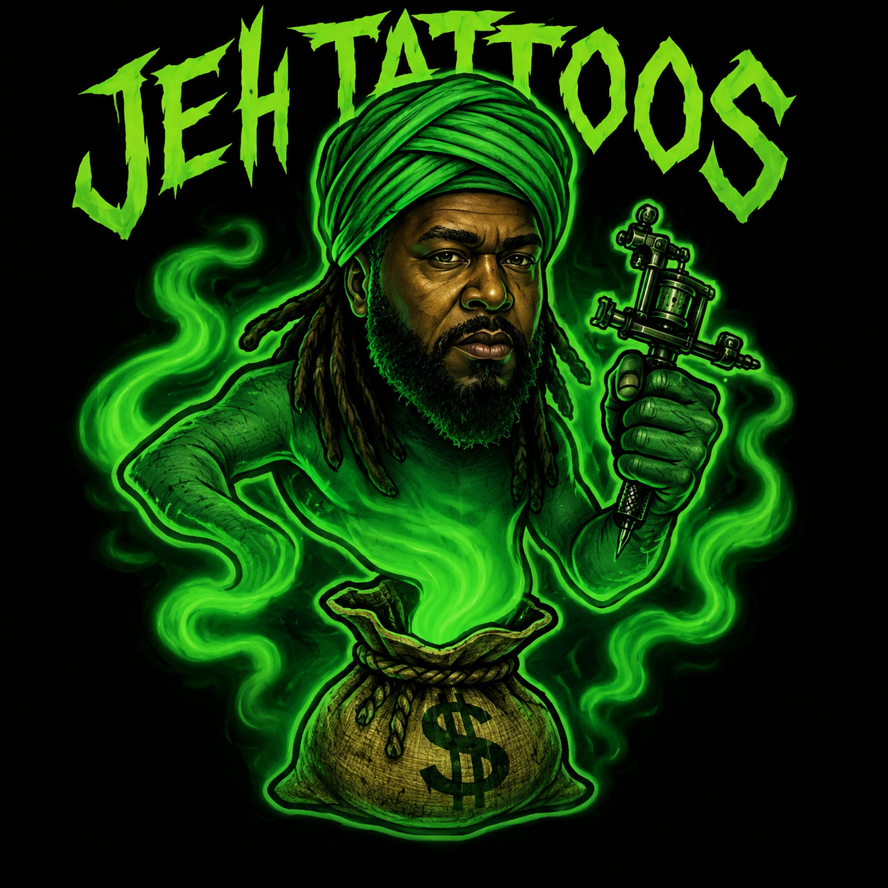 Digital illustration of a man with dreadlocks and a beard, holding a tattoo machine, emerging from a money bag with a dollar sign. The image features a green and black color scheme with glowing green smoke and the text 'JAH TATTOS' at the top.