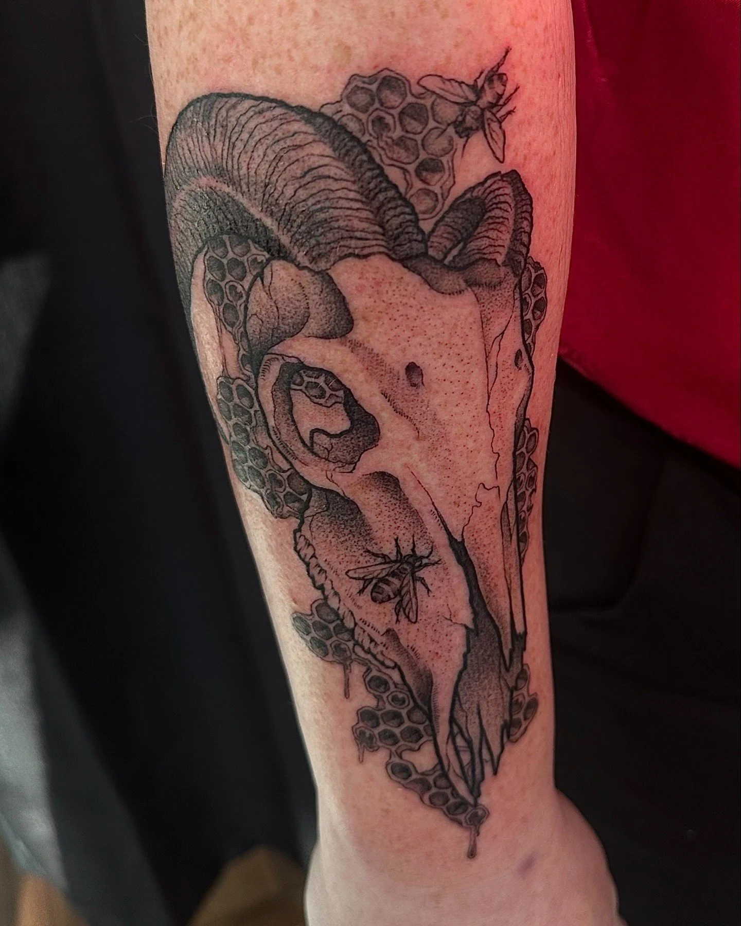 Tattoo of a human skull with honeycombs and bees on an arm.