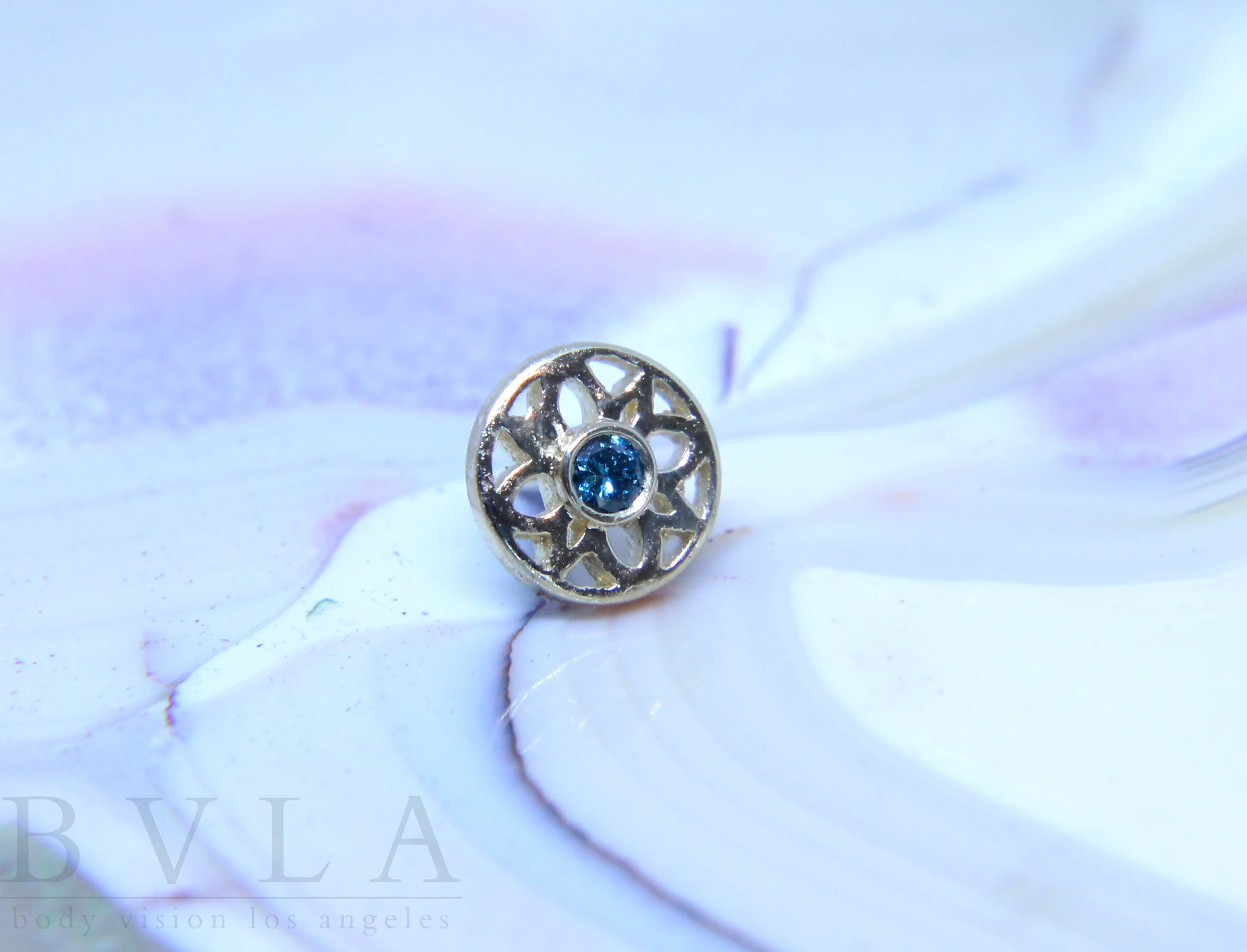 14k Gold Mini Paloma Flower Ocean Blue Diamond