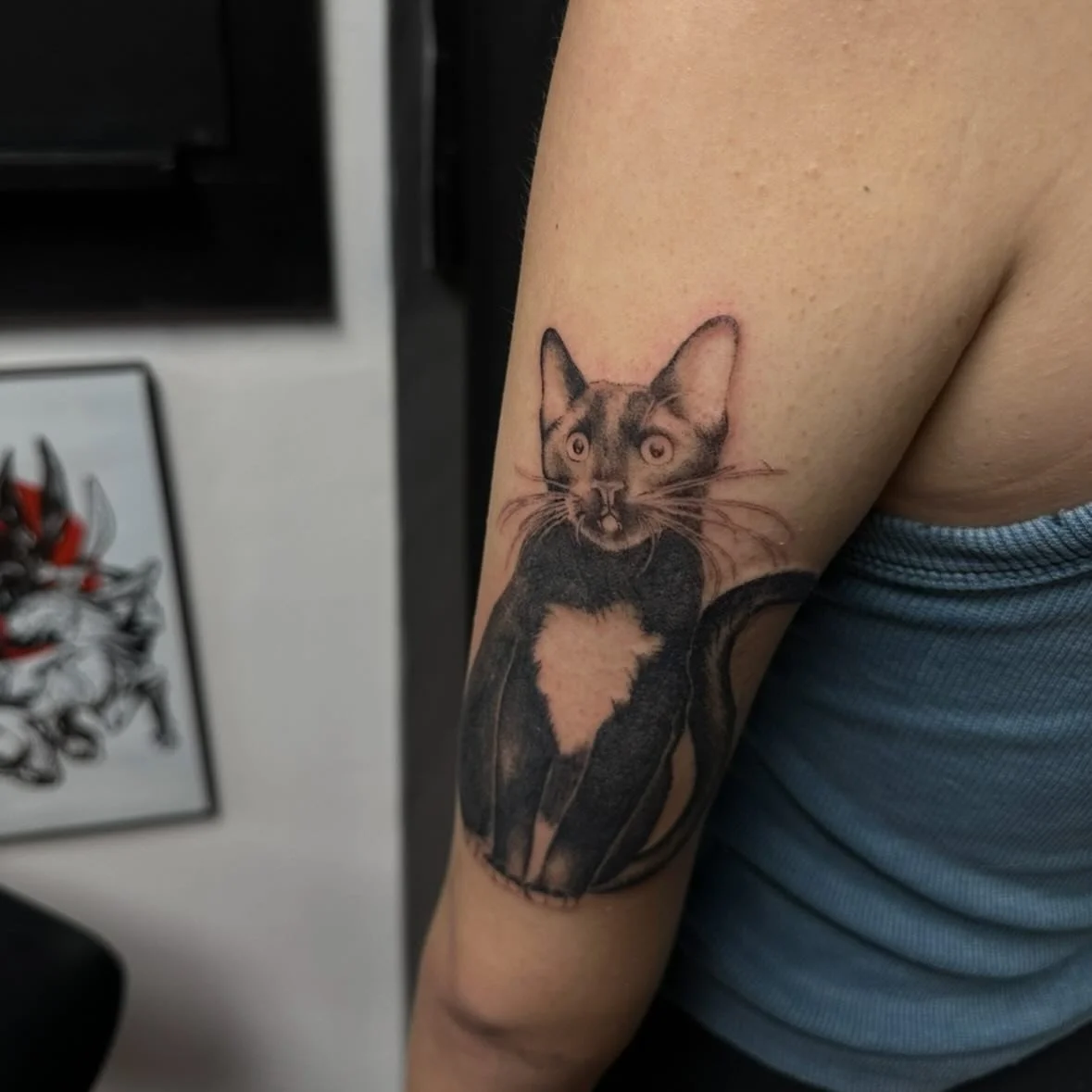 Tattoo of a cat with wide eyes and detailed fur on person's upper arm.