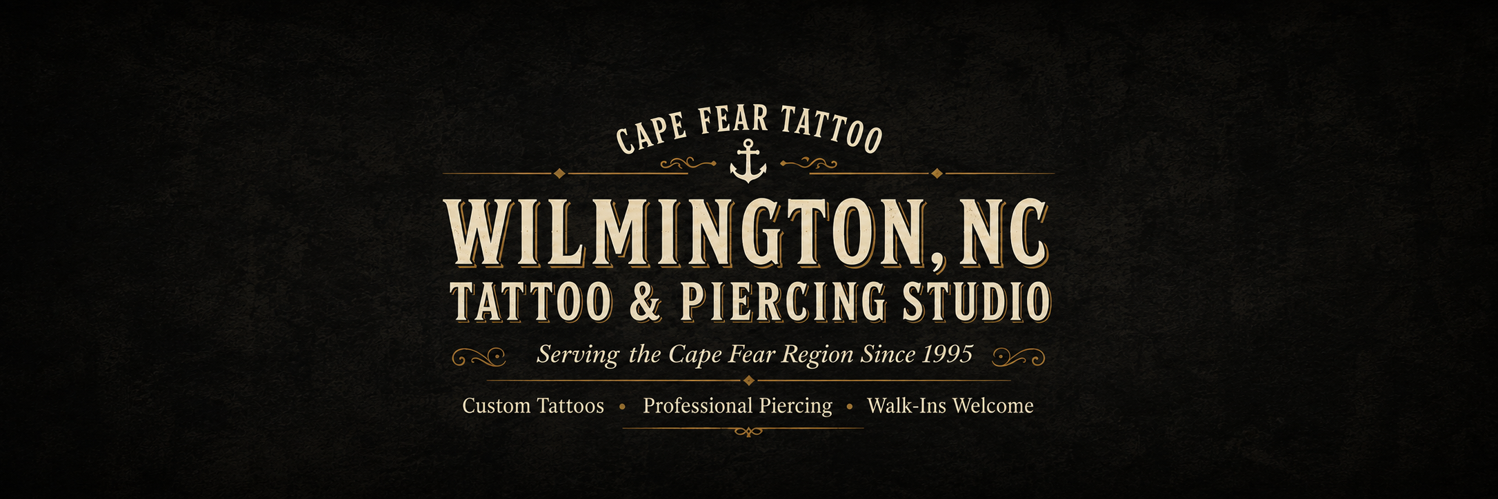 Sign for Cape Fear Tattoo in Wilmington, NC, advertising tattoo and piercing services since 1995