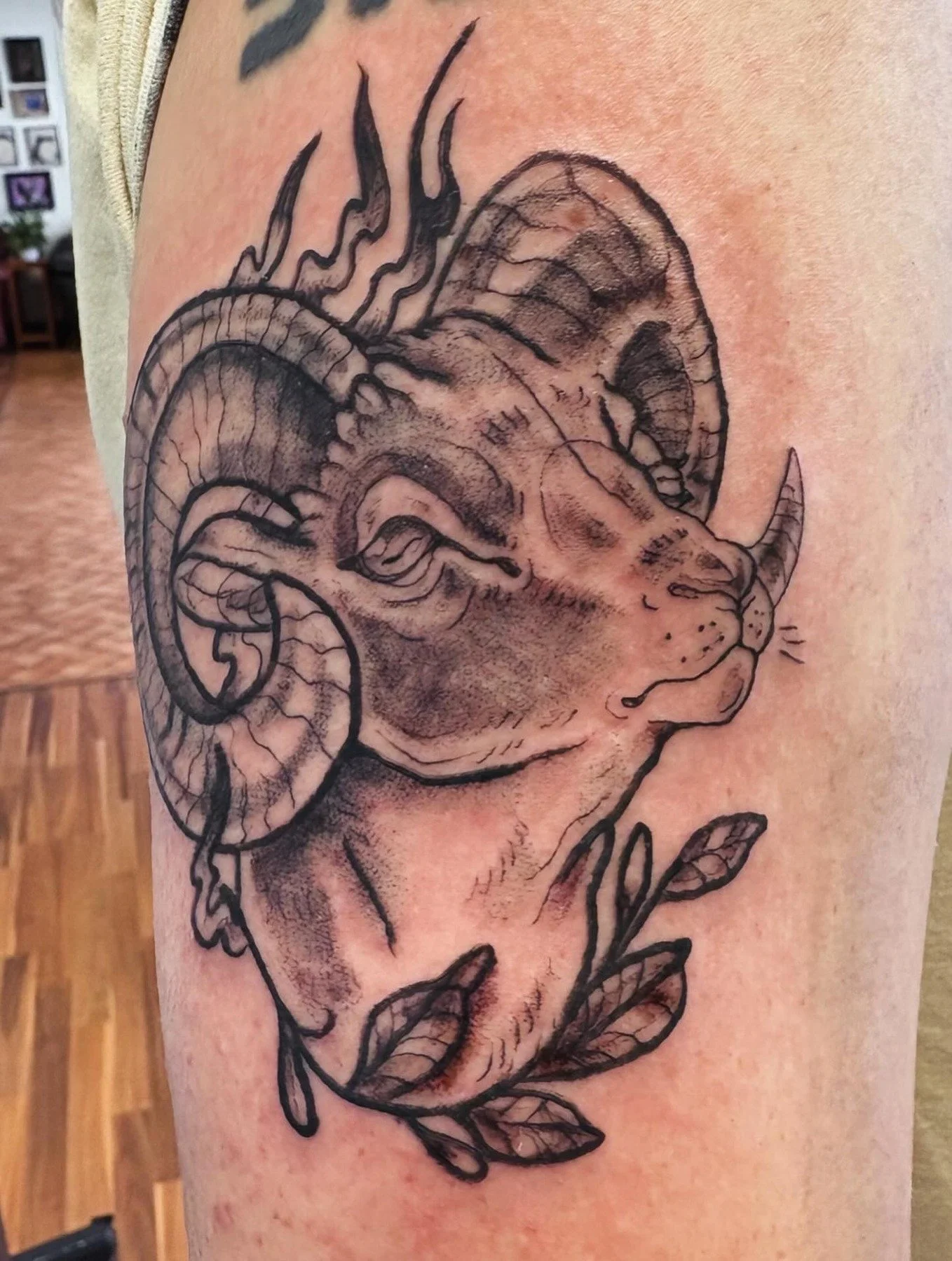 A black line tattoo of a ram's head with curled horns, surrounded by leaves, on a person's upper arm.