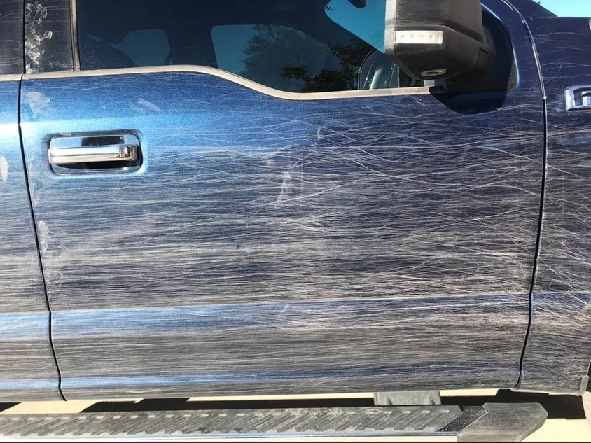 Swirl marks in truck paint before correction