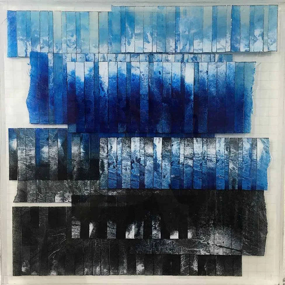 N 41° 51' 54.192" W 80° 47' 23.312" “Ashtabula” Watercolor and acrylic paint on Linen/Mixed Media/Resin Layers/Board 16.0 " x 16.0 " x 2.5”