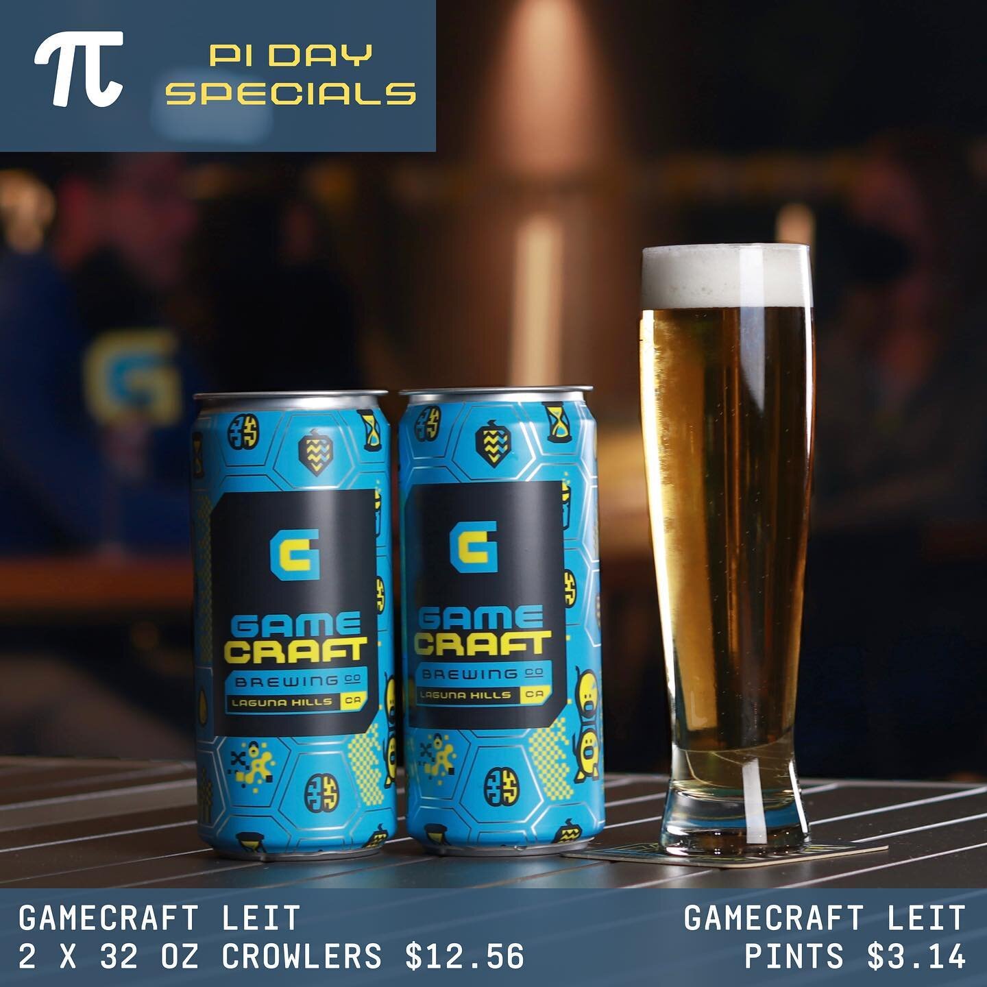 $3.14 Pints of GameCraft Leit in celebration of Pi Day.  March 14, 2021 also marks the return of indoor dining (with modifications).

Not yet ready to dine-in?  Bring home TWO GameCraft Leit 32 ounce crowlers for $12.56.

https://www.gamecraftbrewing