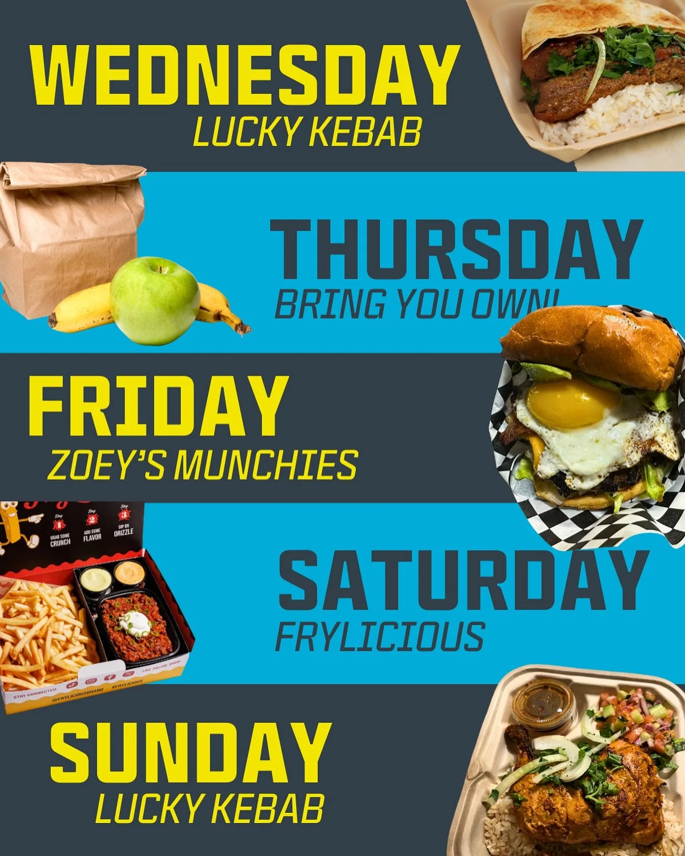 🍱 This weeks food schedule! 

Join us for some awesome grub from @luckykebab_ @zoeysmunchies and @fryliciousbrand 

Don&rsquo;t miss out on this Thursdays comedy show! 

#foodtruck #anaheimevents #anaheimfoodies #anaheimeats #comedy