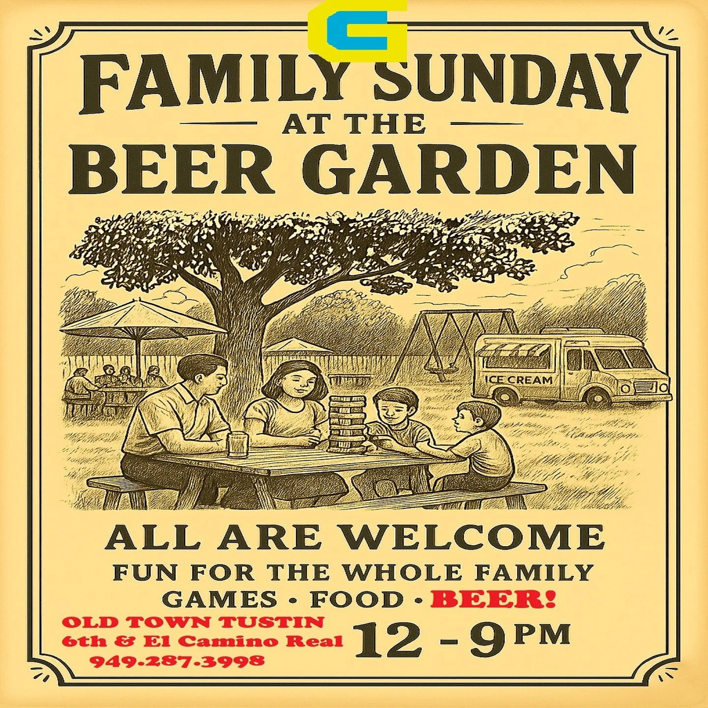 A beautiful sunny Sunday calls for some family time in the outdoors. Game and play areas for all ages. Ice cream for the child in all of us. And beer and wine for those old enough. Come join us here today, we'll be here until the late evening.

6th a