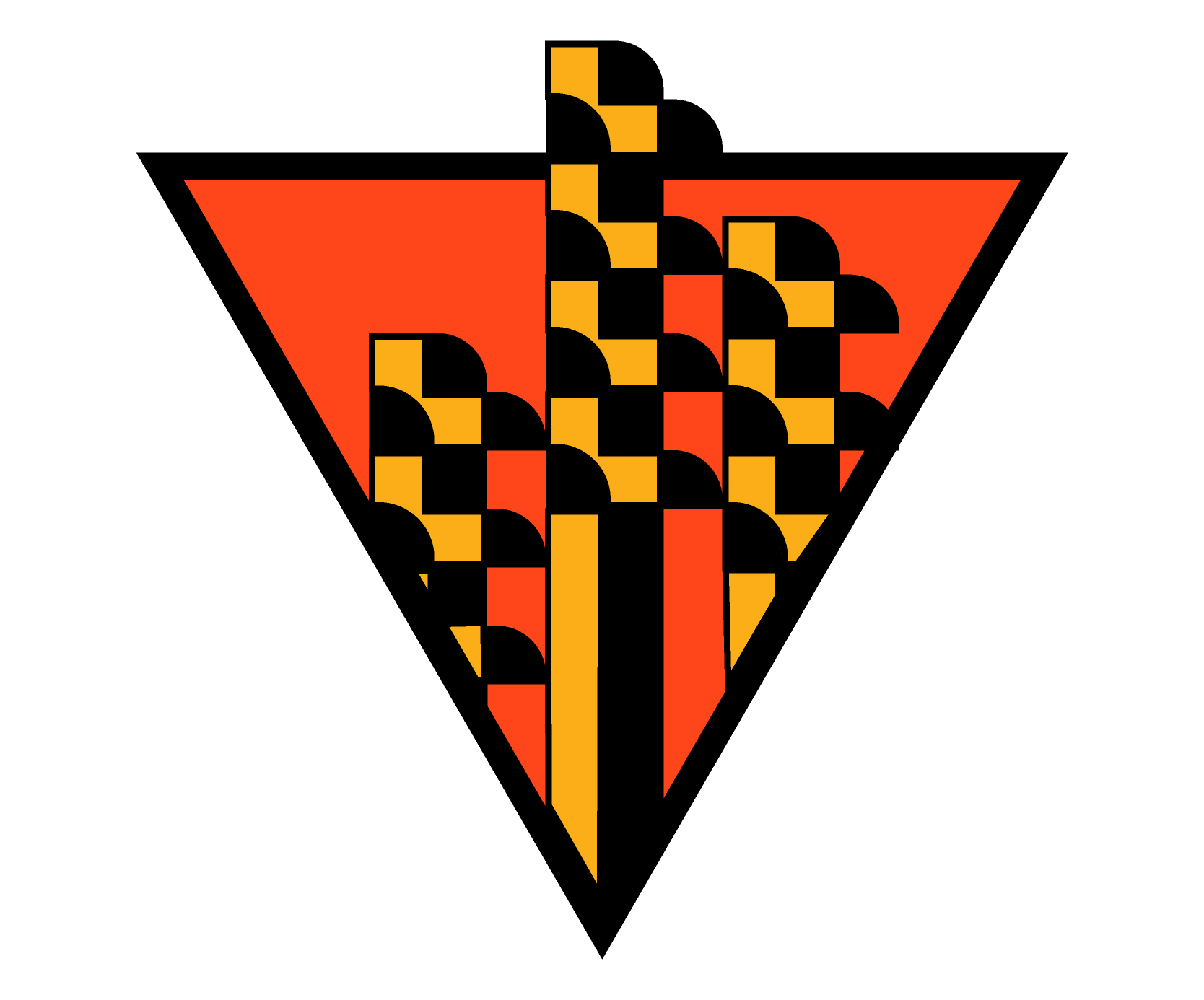 A stylized illustration of a pizza slice with a geometric design, featuring red, yellow, black, and orange colors.