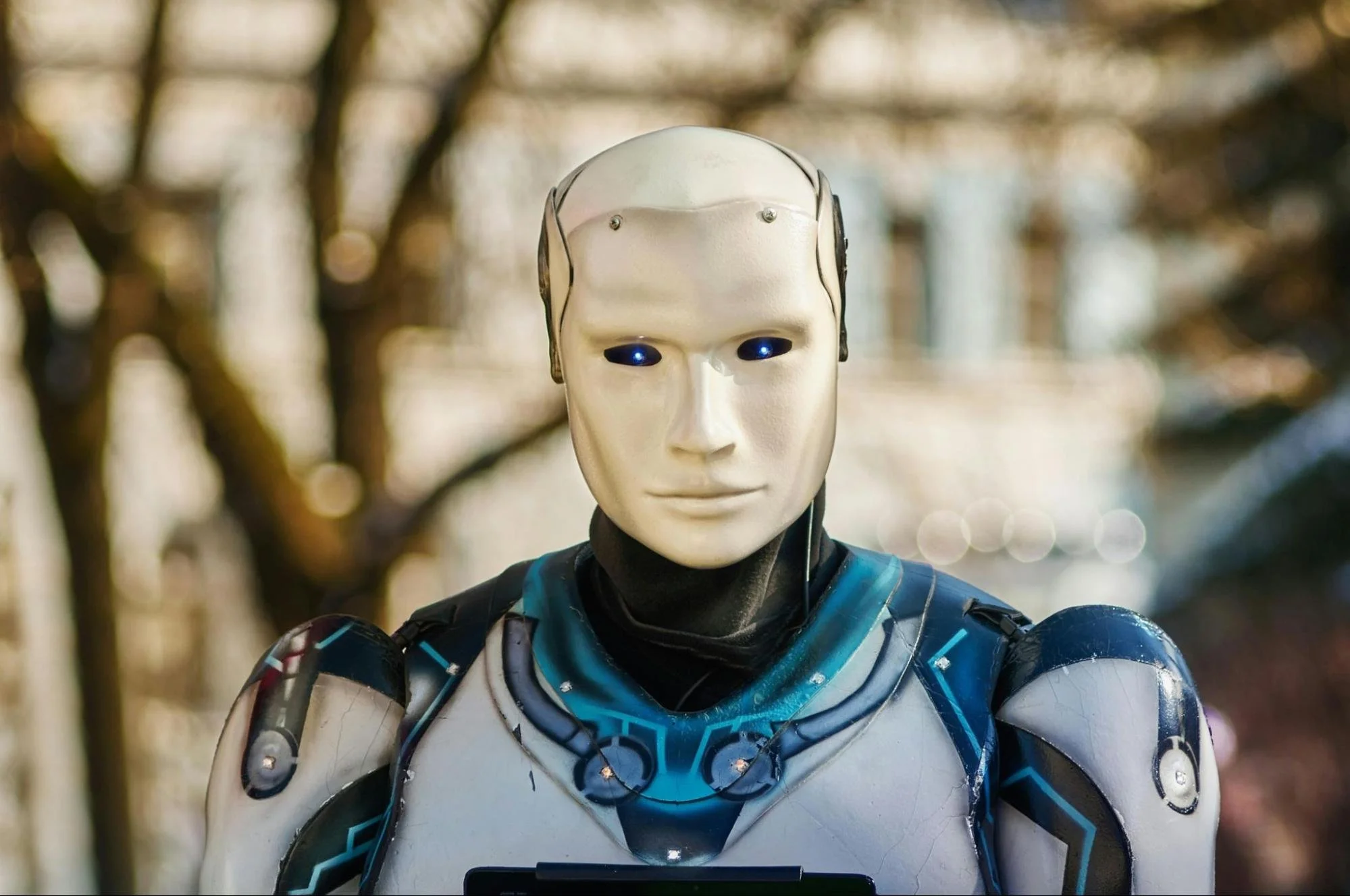 A humanoid robot looking directly at the camera
