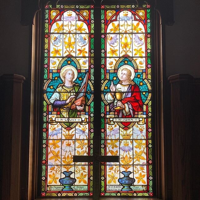 These two windows, which now hang behind the altar in the Founders&rsquo; Chapel, depict St. Cecilia and St. John. They are the only surviving windows of the original church.
