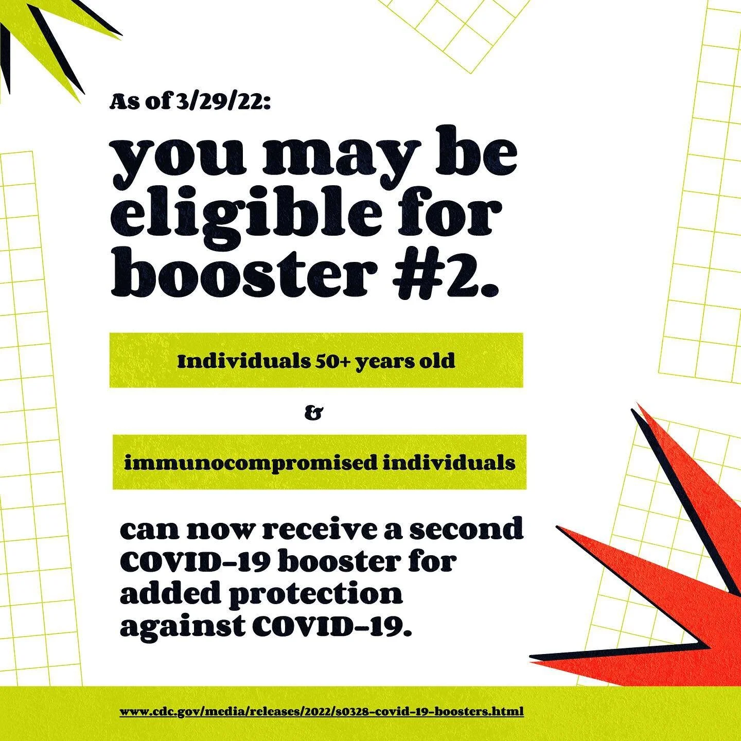 Boosting your vax ➡️ stopping COVID-19 in its tracks! 🤜🦠 As of 3/29/22, fully vaccinated adults who are 50+ years old or immunocompromised can get a second COVID-19 booster shot. Being immunocompromised means your immune system is weakened, so you&