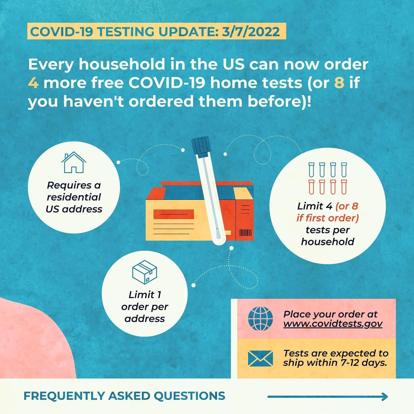 Testing update! You can get 4 additional free COVID-19 tests (or 8 if it&rsquo;s your first order) sent to your house by going to www.covidtests.gov 🔎 restrictions apply&mdash;swipe through to learn more about them and what you can do in your commun