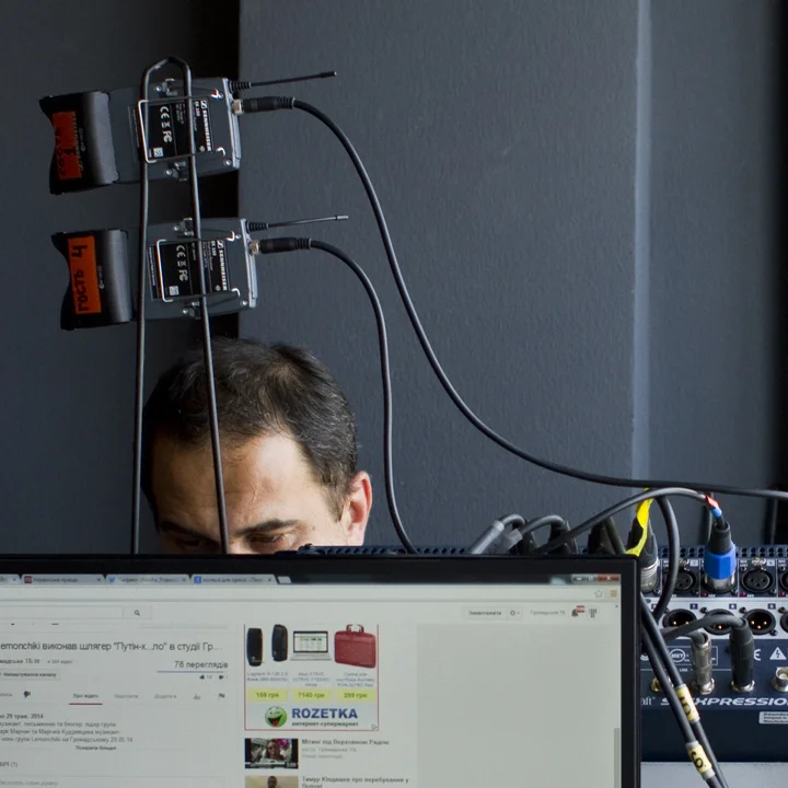 A producer at Hromadske TV prepares for a live broadcast from their Kyiv studio in June, 2014