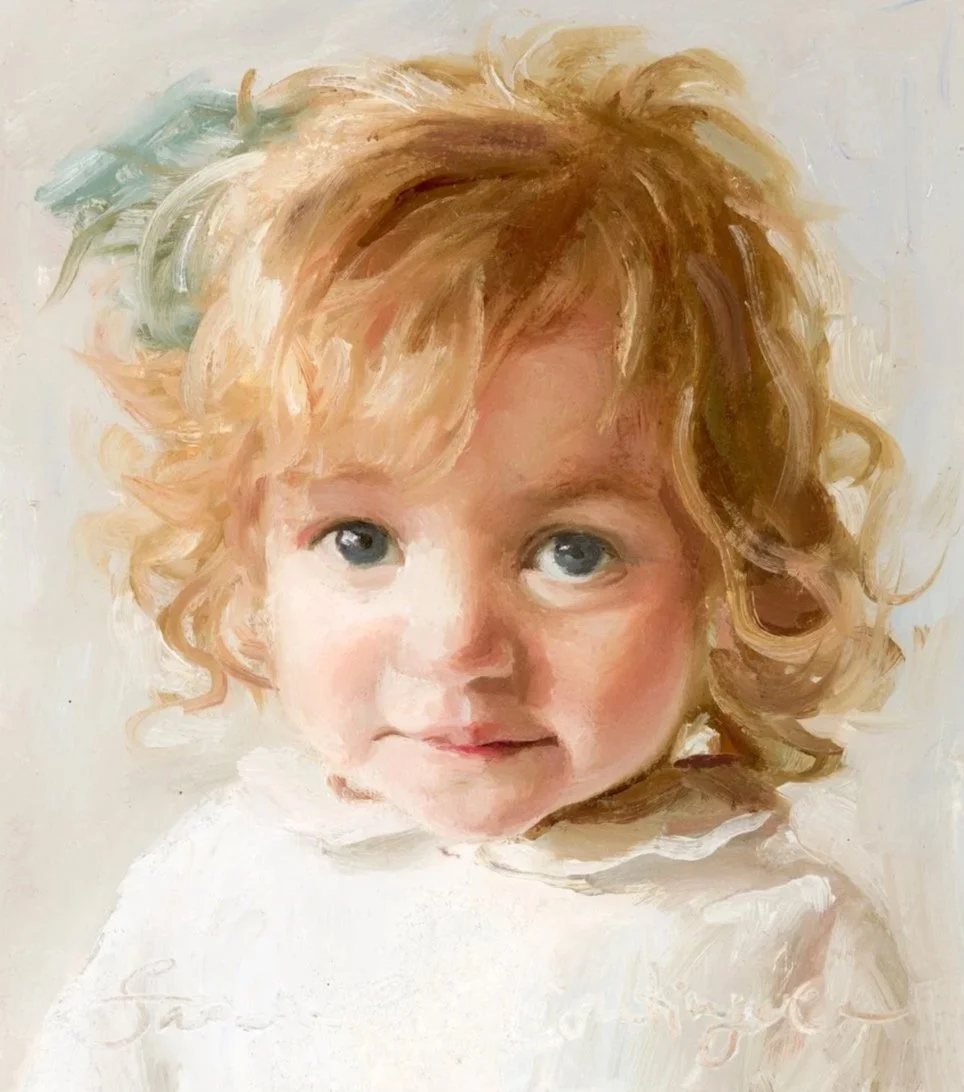 A watercolor portrait of a young girl with curly red hair and big blue eyes, wearing a white top.