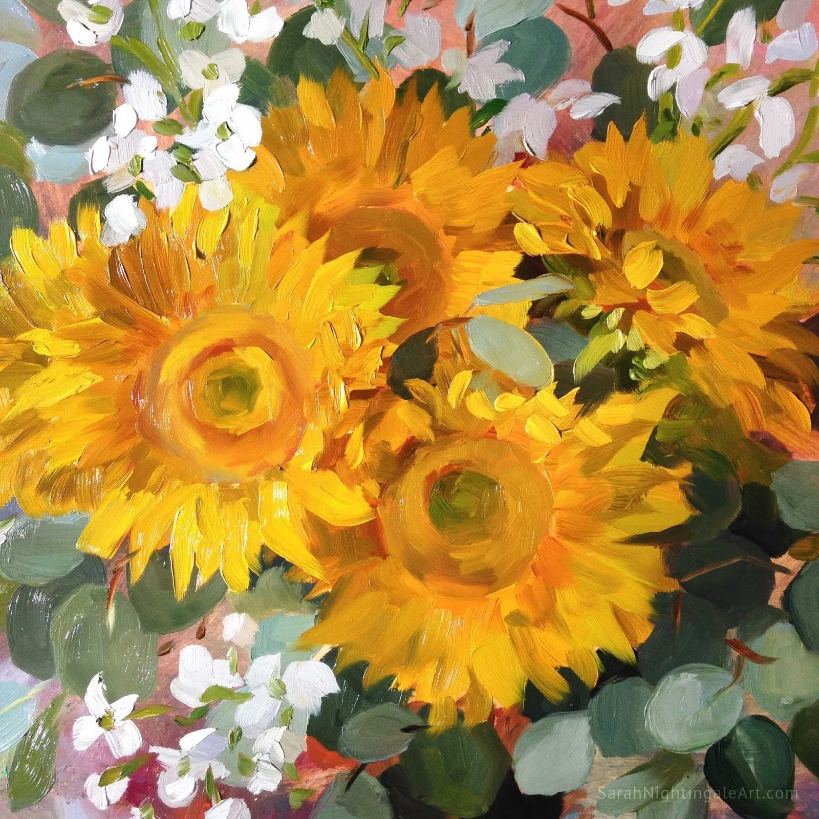 A vibrant oil painting of sunflowers and small white blossoms with green leaves, featuring bold, expressive brushstrokes.