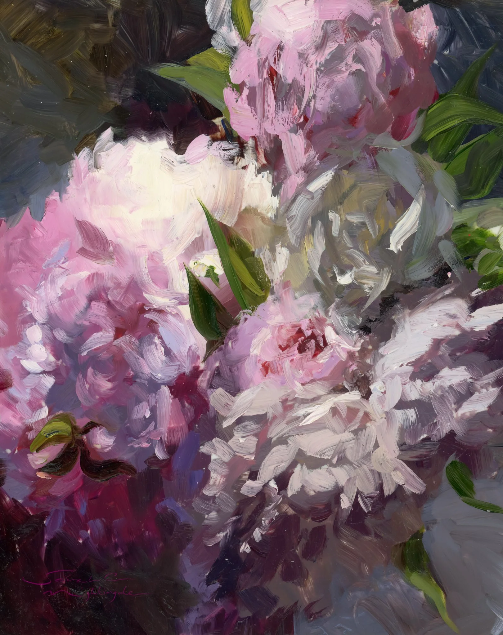 Abstract painting with pinks, whites, greens, and dark background colors in bold, expressive brushstrokes.