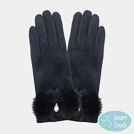 PEARL FUZZY BOW ACCENTED SMART TOUCH BLACK GLOVES