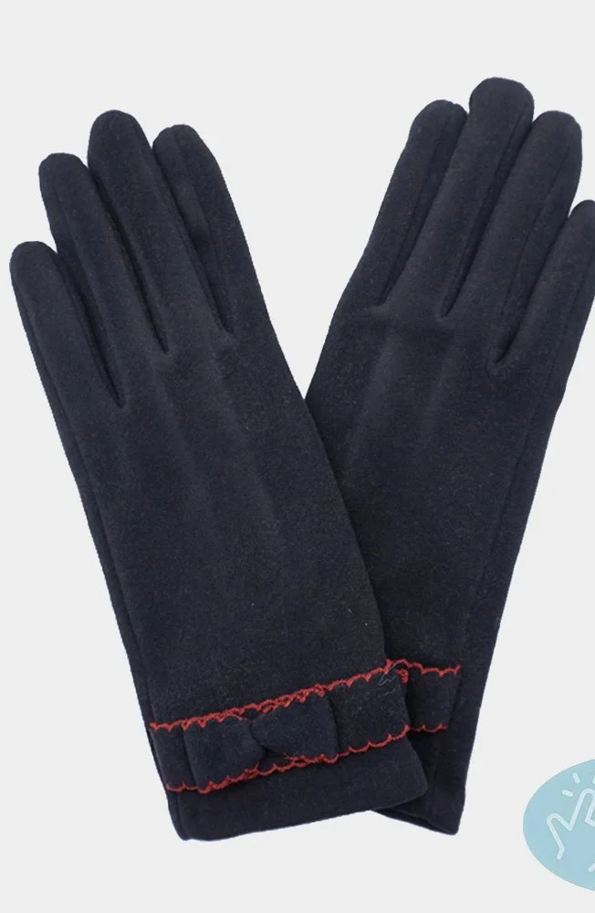 Bow Pointed Faux Suede Black Smart Touch Gloves