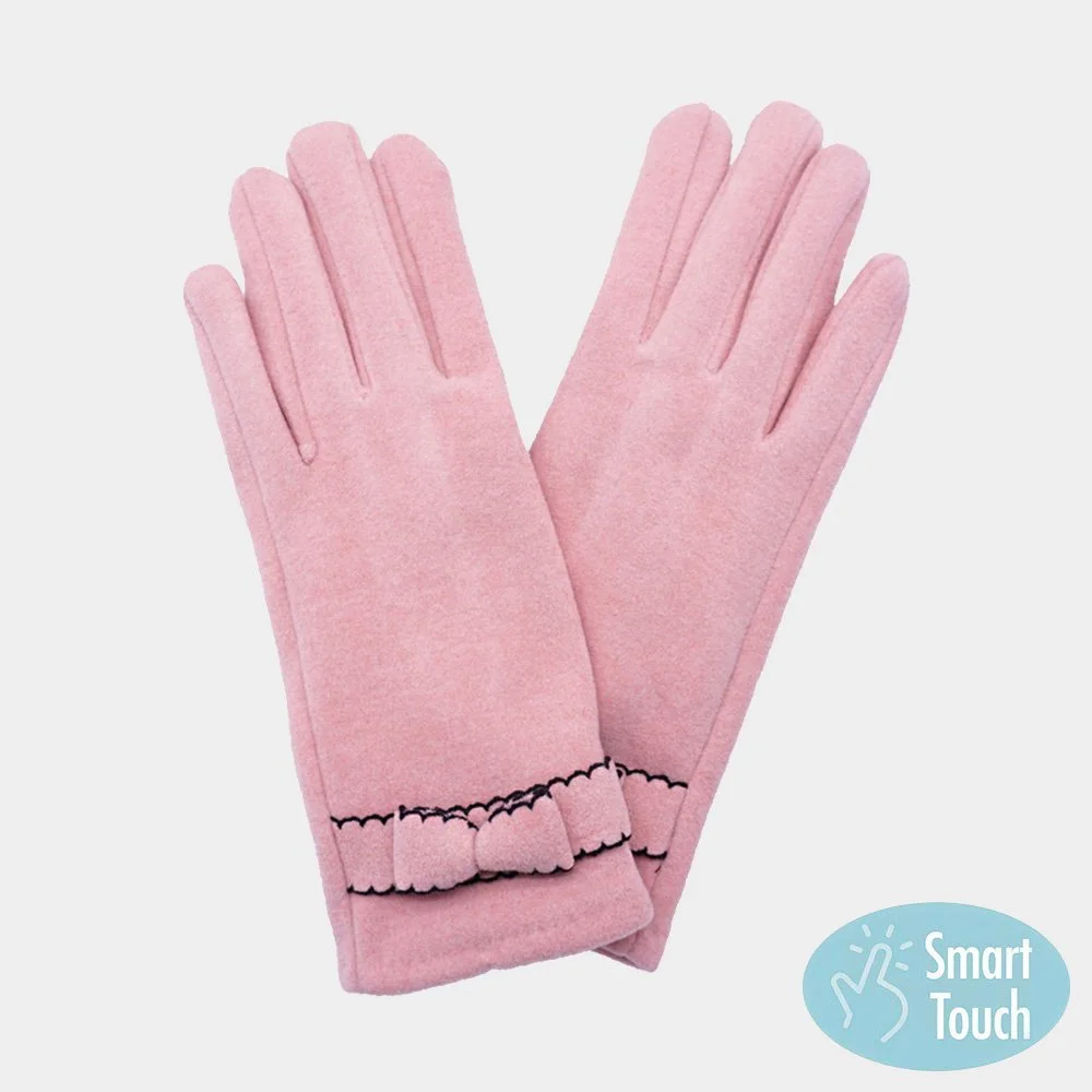 Bow Pointed Faux Suede Pink Smart Touch Gloves