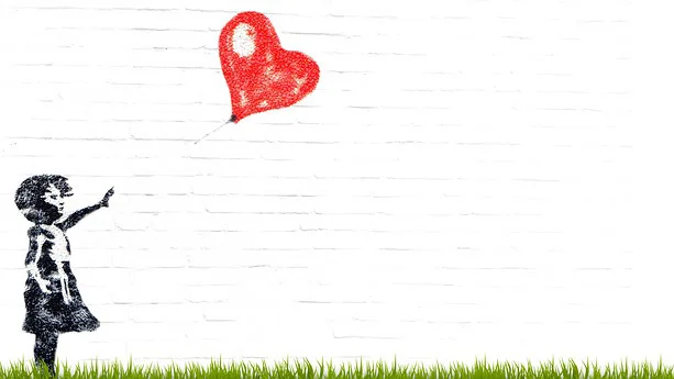 Painting of a little girl with a heart balloon.