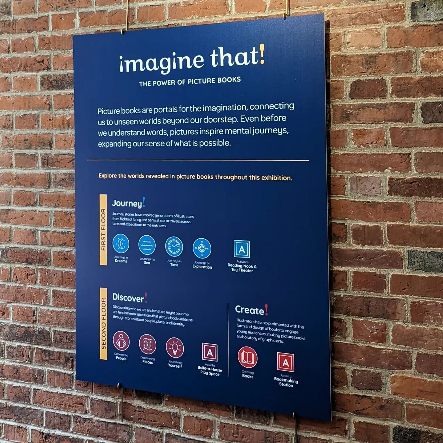 Creating a consistent content hierarchy throughout an exhibition is one of our favorite parts of the exhibit design process. For Imagine That! The Power of Picture Books we use four primary label groupings throughout the exhibition:
▪ orientation pan