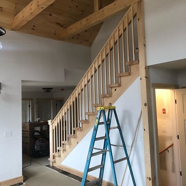 Finished staircase.  Locally grown/milled pine.  Solid 2+&rdquo; treads.
Ties in nicely with the pine ceiling and beams. .
.
.
.
.
#stairs #staircase #carpentry #keepcraftalive #carpenterlife #customstairs #custombuilt #newhome #ctbuilder #stairwayto