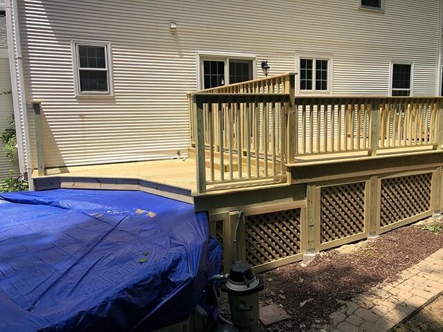 Another deck all set.  ready to uncover the pool and have some fun. This replaced a very similar deck that was on its last leg.  Lattice frames were holding most of it up 😱. Awkwardly high 48&rdquo; railing is a code requirement for the pool. .
.
.
