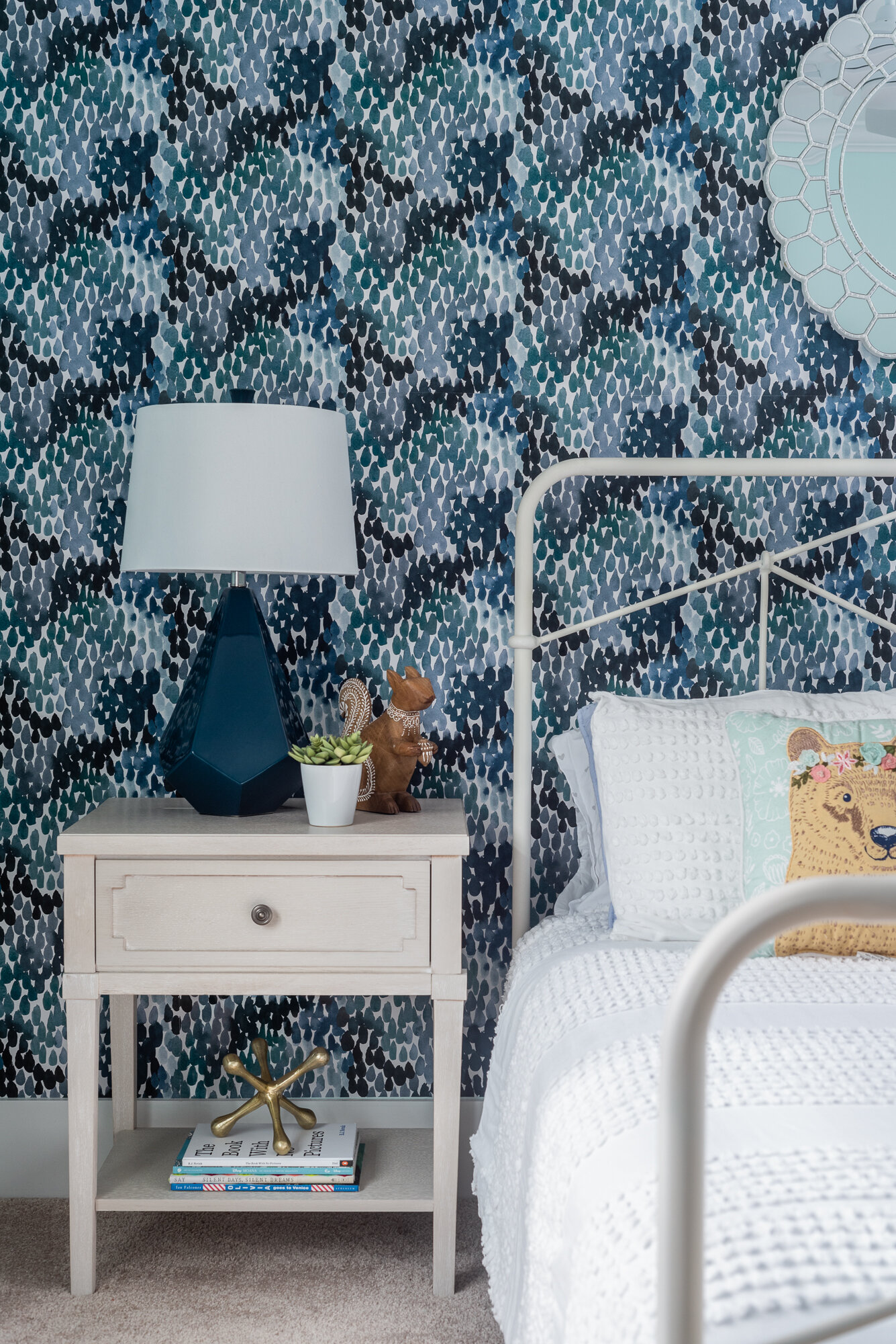girl's room, contemporary nightstand, blue wallpaper
