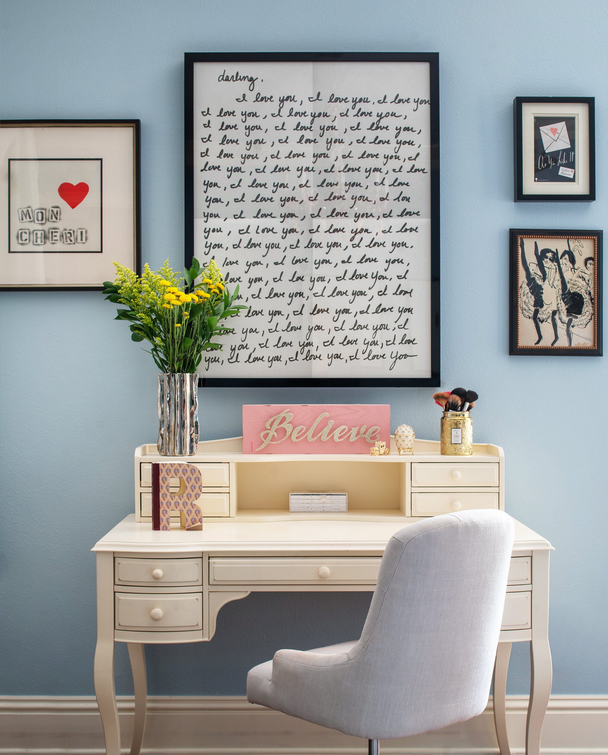 Simple cute white desk blue walls