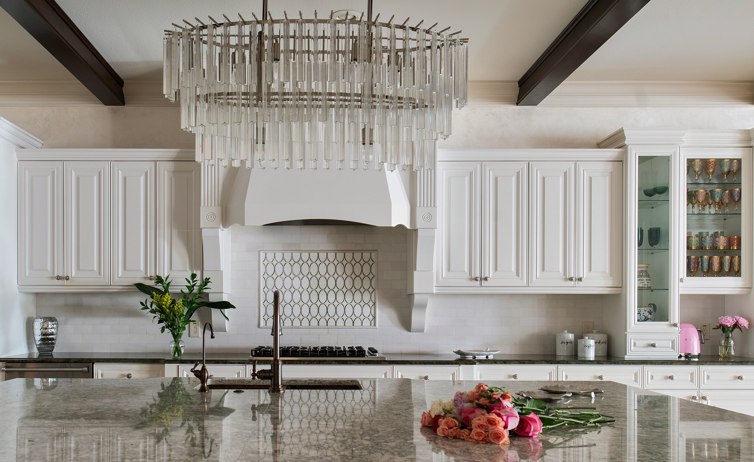 Big white classic modern kitchen crystal chandelier wood trimming