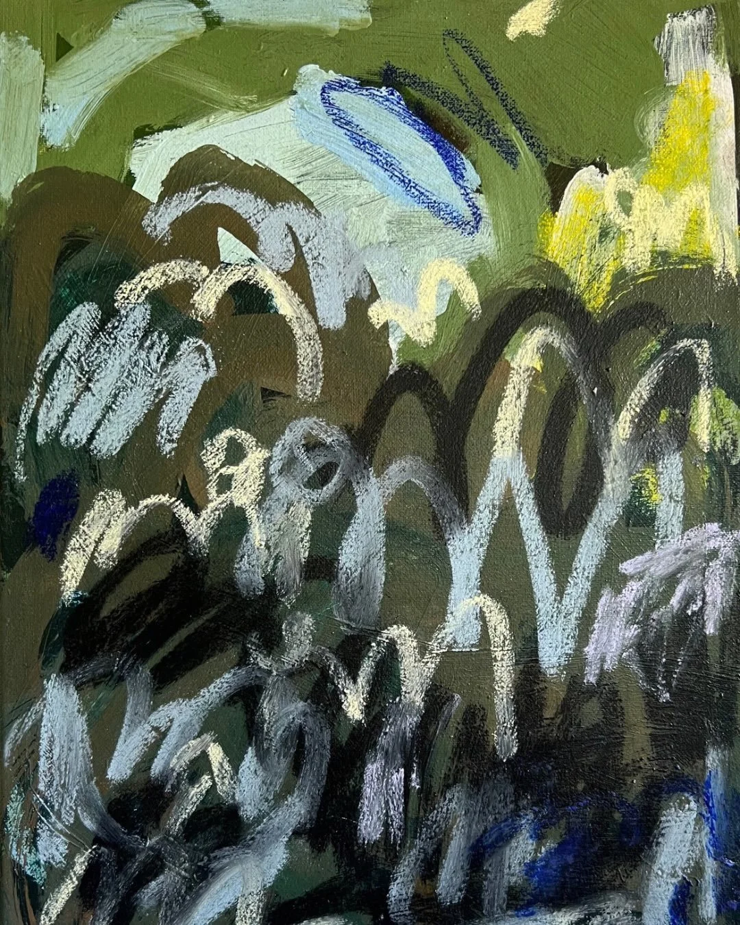 Alive in the forest
Acrylic and soft pastel on canvas
300 x 400mm

This little painting captures that feeling of being in a place you love and admiring all its little details. For me, that&rsquo;s the forest: the peek of blue sky through the canopy, 