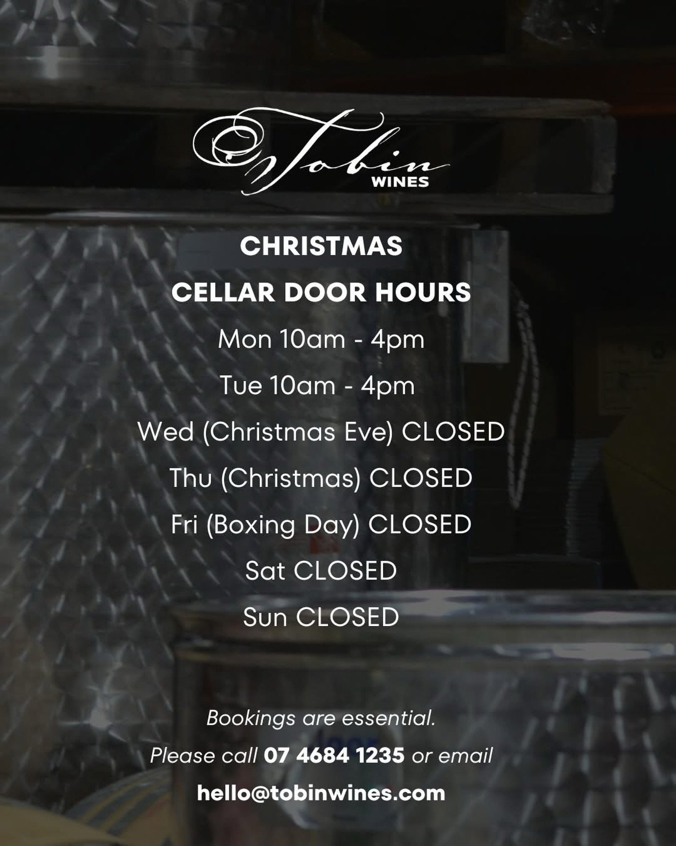 Christmas Week Opening Hours 🎄🍷

As we slow down for the festive season, our cellar door hours for Christmas week are as follows:

Monday: 10am&ndash;4pm
Tuesday: 10am&ndash;4pm

We will then be closed from 24th December to 2nd January to enjoy the