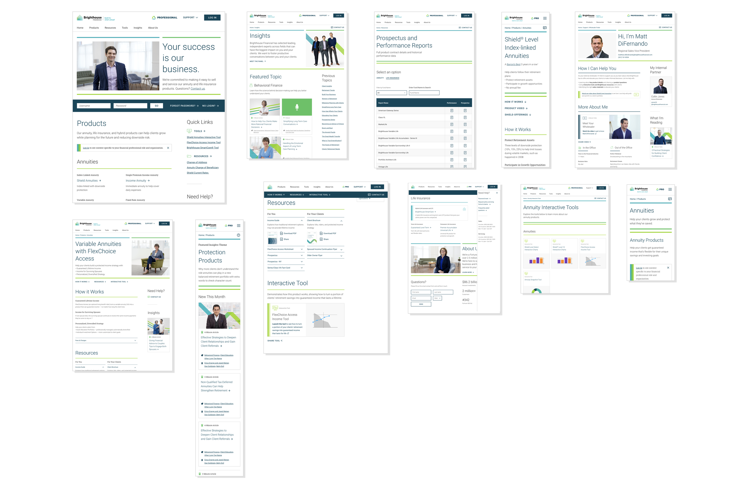 Series of thumbnails showing the different page types across the new advisor site