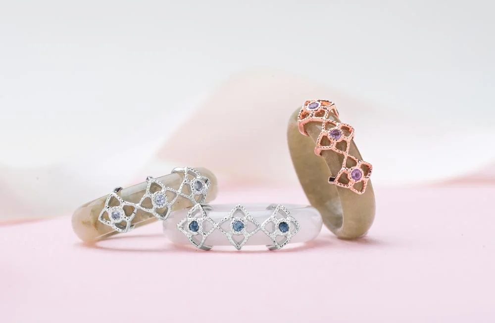 Choo Yilin Peranakan Trio Jade Rings (White Rhodium and Rose Gold)