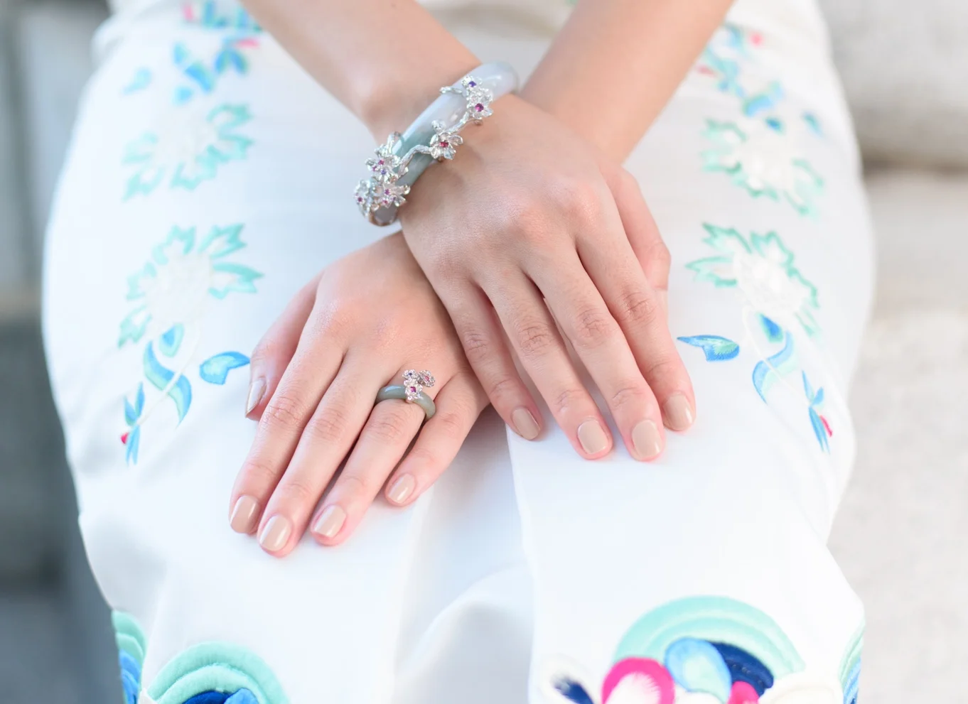 Featuring the Cherry Blossom Jade Bangle and the Sakura Florette Ring.