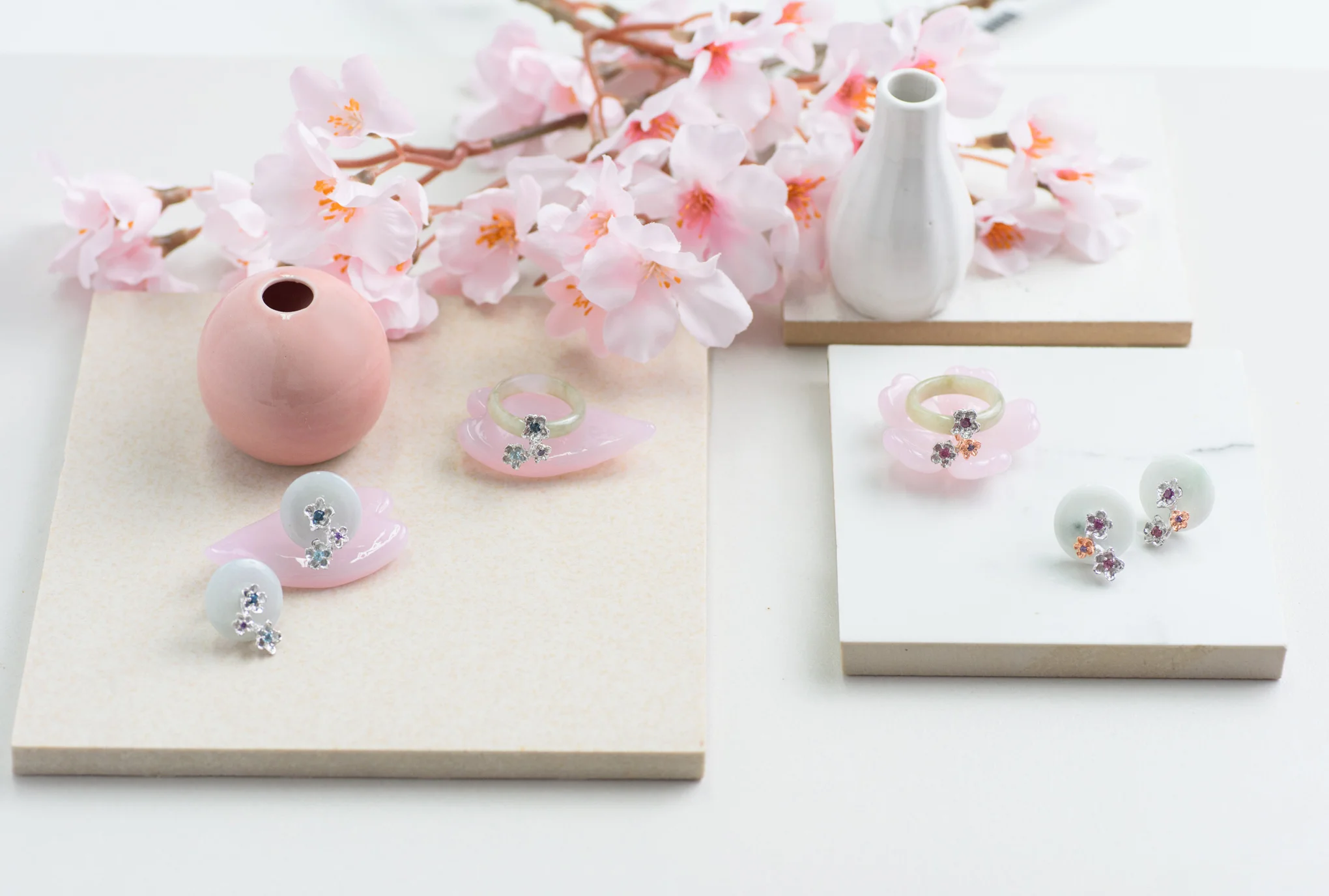 The Sakura Florette Jade Rings and the Sakura Florette Earrings