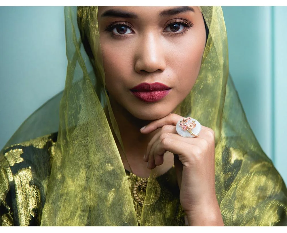 The Cherry Blossom Bangle and Cherry Blossom Branch Ring with designer clothing from the Eid Luxe 2018 Collection by Syomirizwa Gupta
