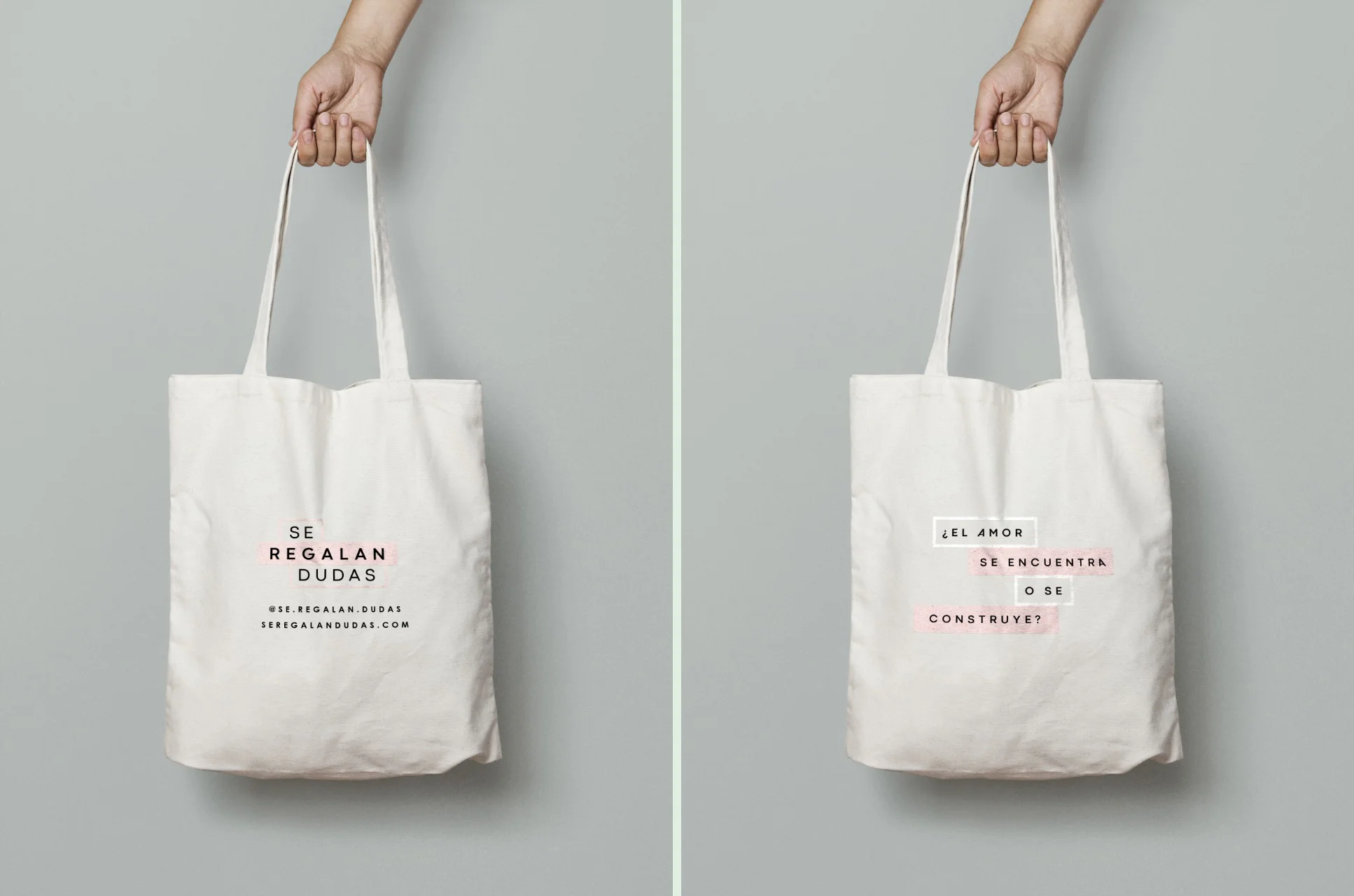 Bolsa Ecológica, Se Regalan Dudas con frase en rosa palo: ¿El amor se encuentra o se construye ?