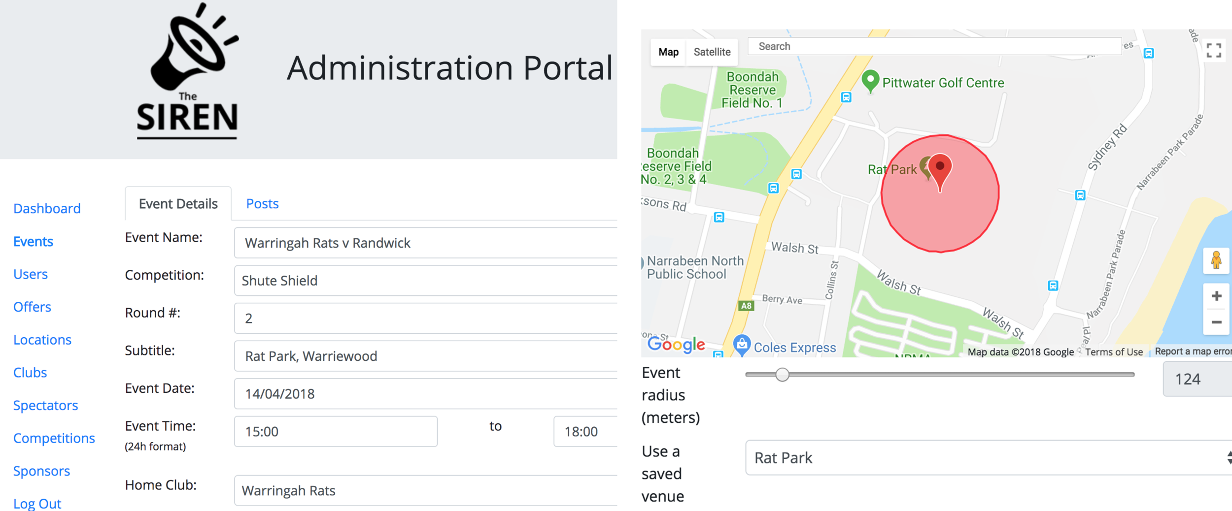 Details of an event entered in Siren platform. Siren staff will set this up for you.